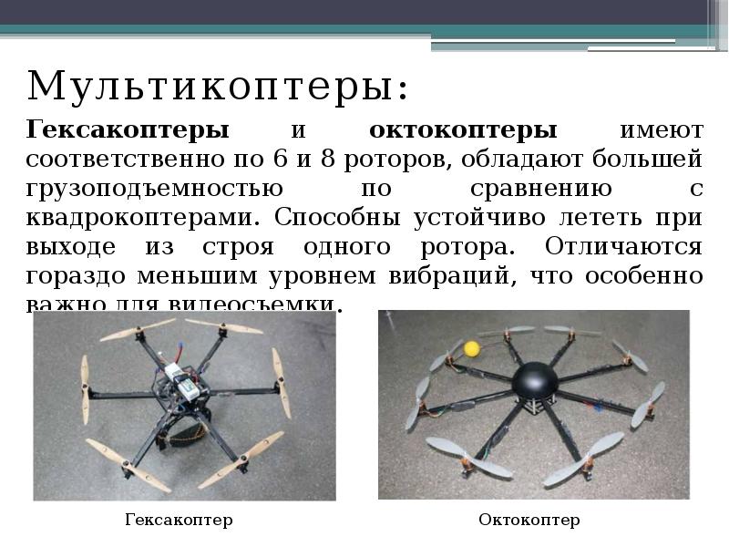 Мультикоптеры:
Мультикоптеры:
Гексакоптеры и октокоптеры имеют соответственно по 6 и 8 Мультикоптеры:
Мультикоптеры:
Гексакоптеры и октокоптеры имеют соответственно по 6 и 8