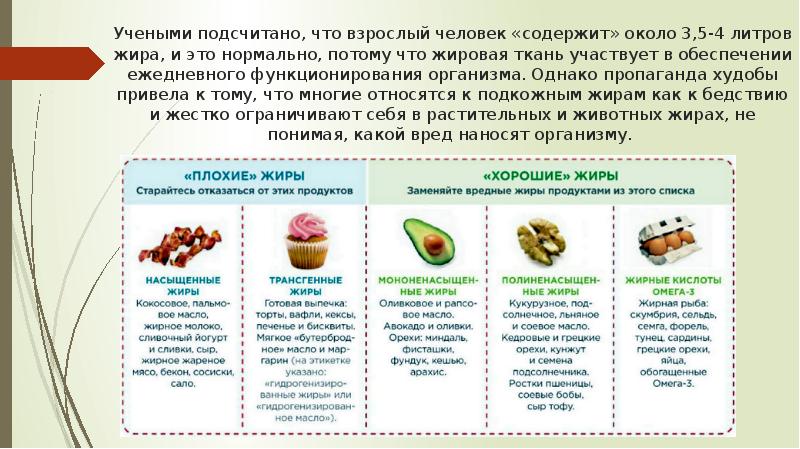 Учеными подсчитано, что взрослый человек «содержит» около 3,5-4 литров жира, и Учеными подсчитано, что взрослый человек «содержит» около 3,5-4 литров жира, и