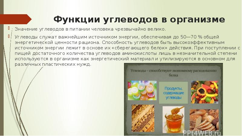 Функции углеводов в организме
Значение углеводов в питании человека чрезвычайно велико.
Функции углеводов в организме
Значение углеводов в питании человека чрезвычайно велико.