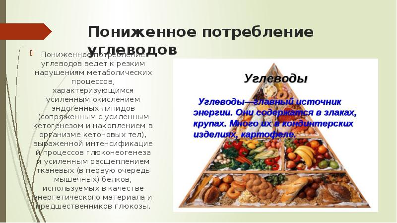 Пониженное потребление углеводов
Пониженное потребление углеводов ведет к резким нарушениям метаболических Пониженное потребление углеводов
Пониженное потребление углеводов ведет к резким нарушениям метаболических