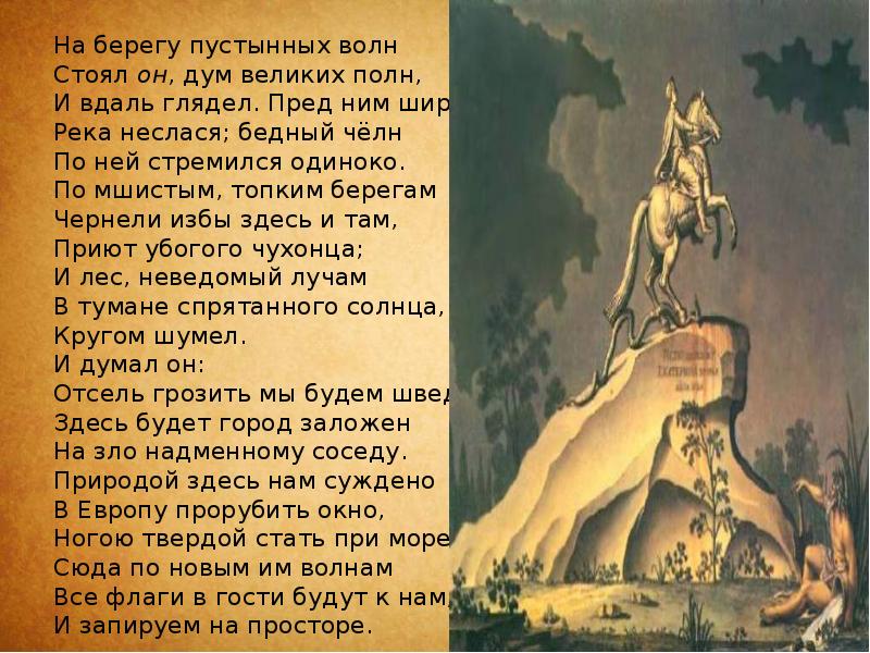 На берегу волн стоял он. Пушкин на берегу пустынных волн стоял он дум великих полн. На берегу пустынных волн» «стоял... Дум великих полн и вдаль глядел». На берегу пустынных волн стоял. Стоял он дум великих полн.