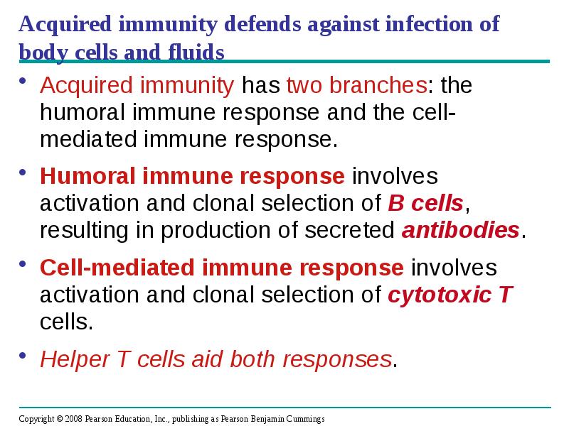 Acquired immunity defends against infection of body cells and fluids
Acquired Acquired immunity defends against infection of body cells and fluids
Acquired