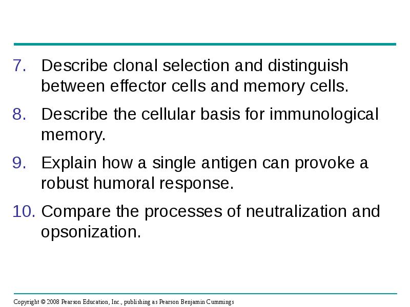 Describe clonal selection and distinguish between effector cells and memory cells.
Describe clonal selection and distinguish between effector cells and memory cells.