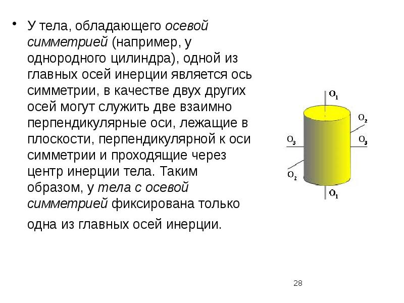 Однородный цилиндр. Ось симметрии цилиндра. Главные оси инерции тела. Главная ось инерции цилиндра. У цилиндра одна ось симметрии.