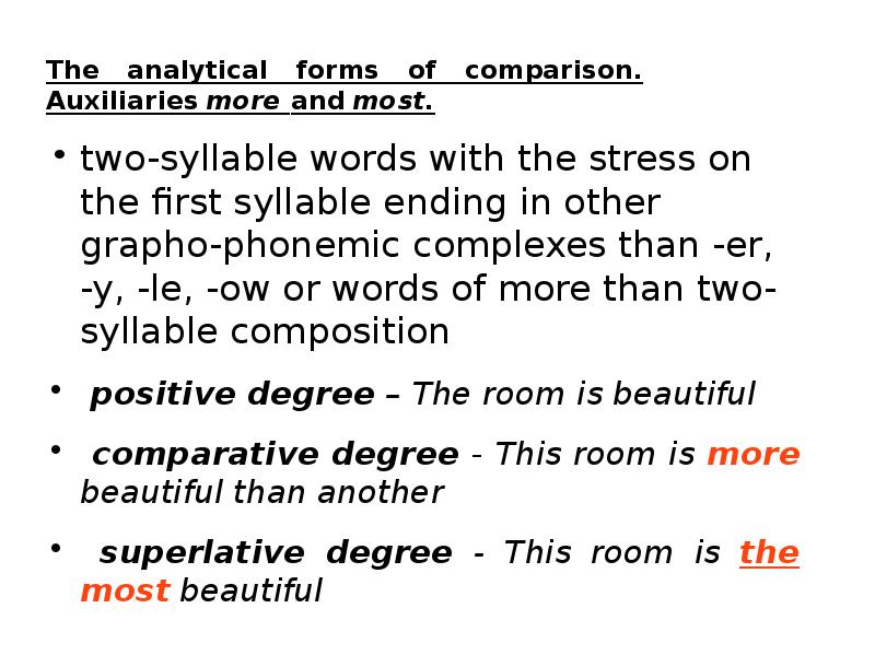 The analytical forms of comparison. Auxiliaries more and most.
two-syllable words The analytical forms of comparison. Auxiliaries more and most.
two-syllable words