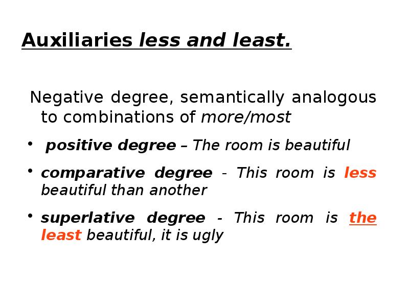 Auxiliaries less and least.
Negative degree, semantically analogous to combinations of Auxiliaries less and least.
Negative degree, semantically analogous to combinations of