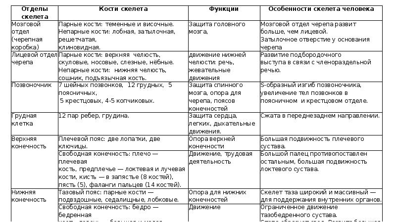 Виды повреждения скелета таблица