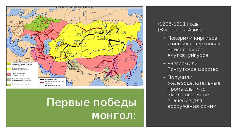Первые победы монгол: 1206-1211 годы (Восточная Азия) –  Покорили киргизов,