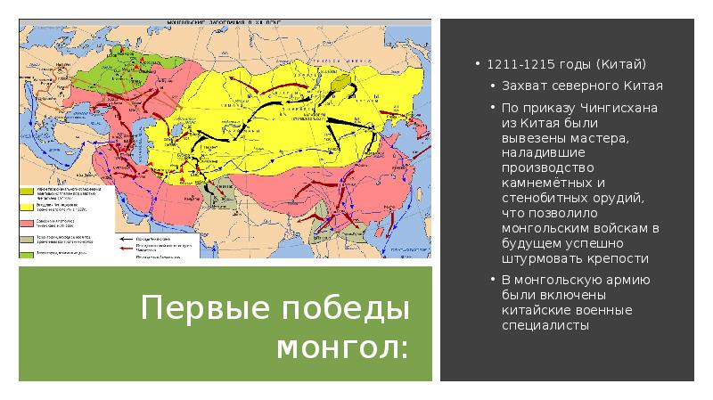 Первые победы монгол: 1211-1215 годы (Китай) Захват северного Китая По приказу
