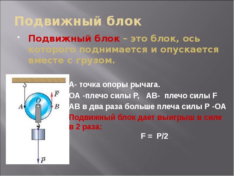 Формула блока. Подвижный блок точка опоры. Подвижный блок физика. Пожвижный Юлок формула. Формула подвижного блока.