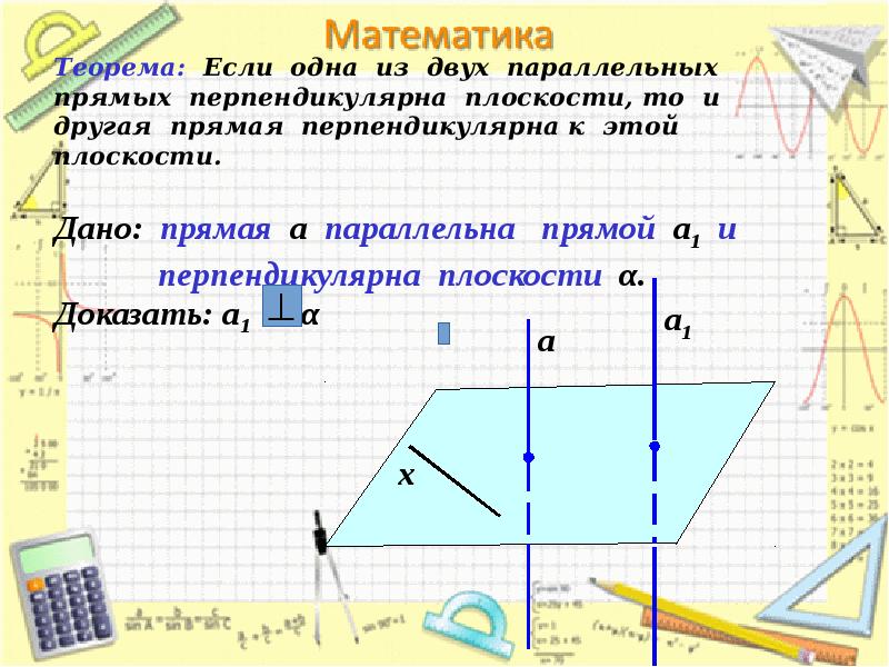 Теорема: Если одна из двух параллельных прямых перпендикулярна плоскости, то и Теорема: Если одна из двух параллельных прямых перпендикулярна плоскости, то и