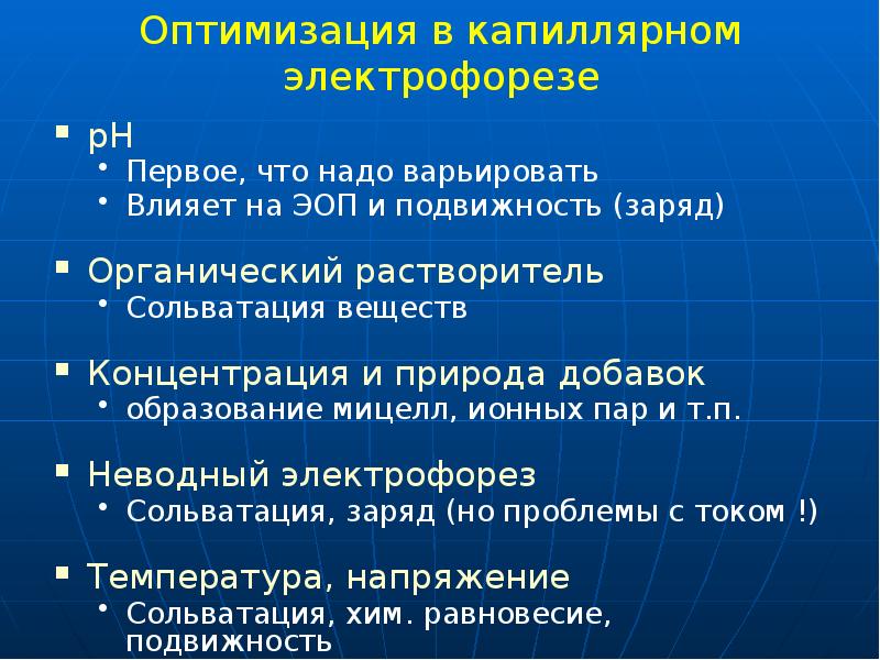 Оптимизация в капиллярном электрофорезе
pH
Первое, что надо варьировать
Влияет на Оптимизация в капиллярном электрофорезе
pH
Первое, что надо варьировать
Влияет на