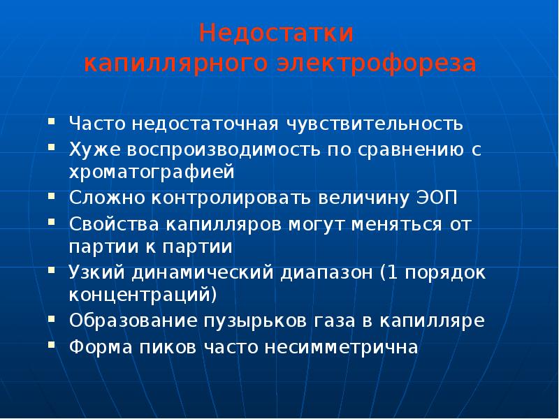 Недостатки капиллярного электрофореза
Часто недостаточная чувствительность
Хуже воспроизводимость по сравнению Недостатки капиллярного электрофореза
Часто недостаточная чувствительность
Хуже воспроизводимость по сравнению