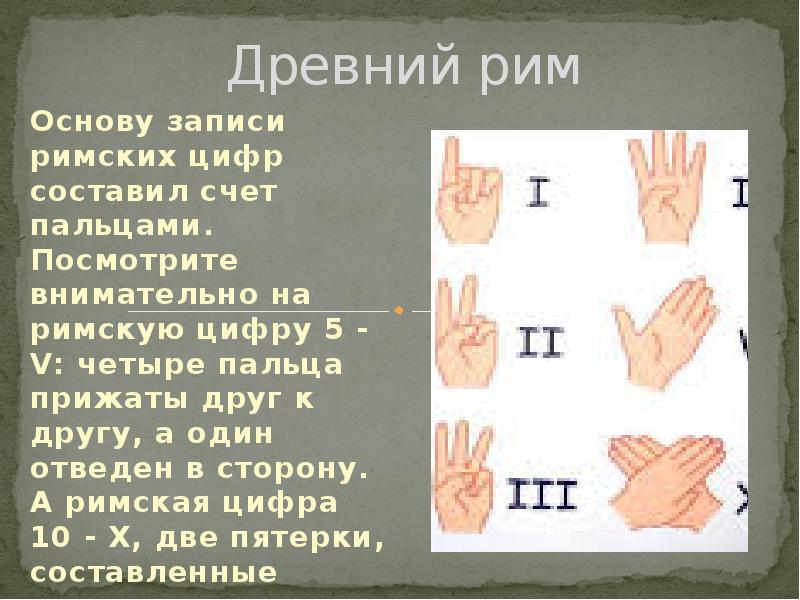 Древний рим
Основу записи римских цифр составил счет пальцами. Посмотрите внимательно Древний рим
Основу записи римских цифр составил счет пальцами. Посмотрите внимательно