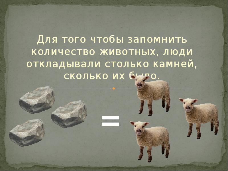 Для того чтобы запомнить количество животных, люди откладывали столько камней, сколько Для того чтобы запомнить количество животных, люди откладывали столько камней, сколько