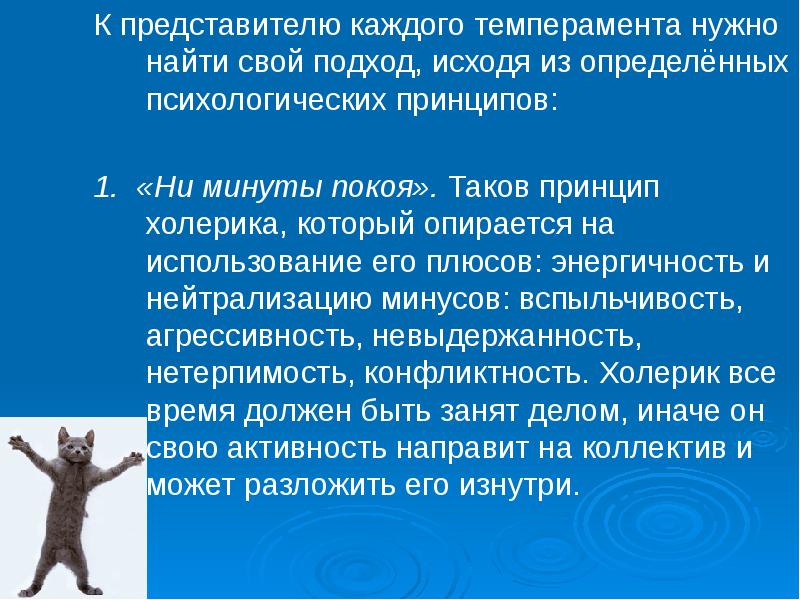 По одному каждому представителю. Темперамент может меняться в течение жизни. Холерик необходимо. Свой подход. К каждому человеку свой подход.