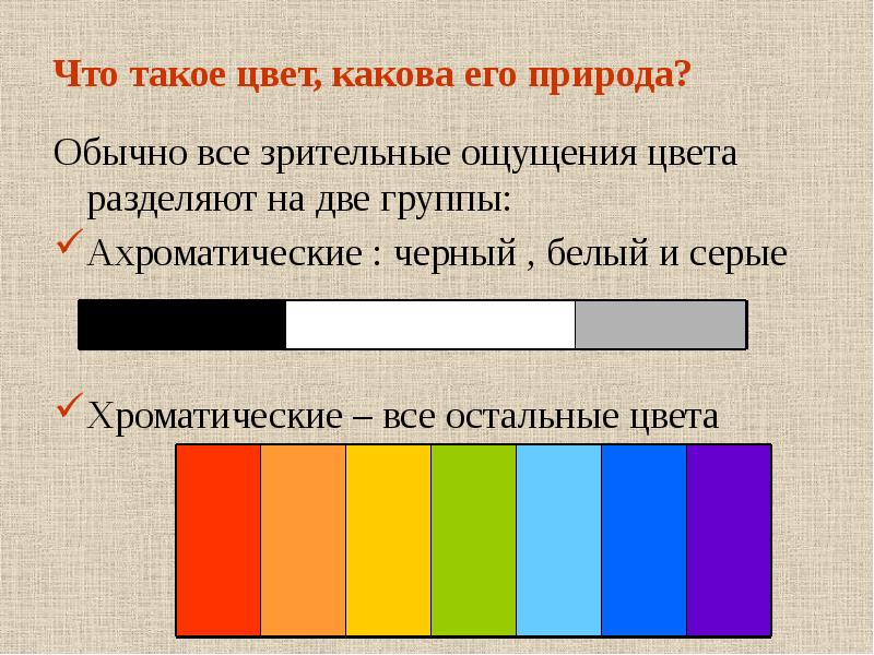 Каких оттенков должны быть материалы. Хроматические и ахроматические цвета. Цвет. Окраска каковы. Цвета делятся на.