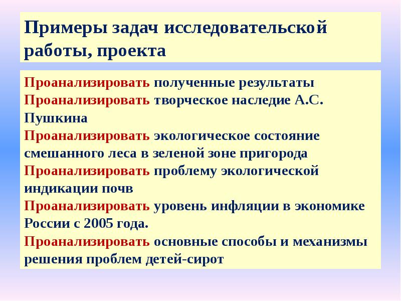 Задачи исследовательского проекта примеры