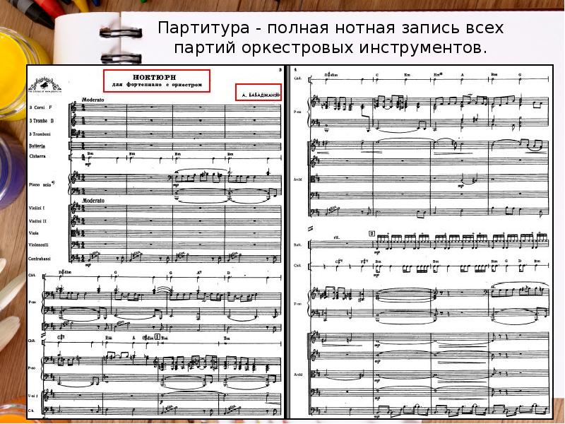Партитура - полная нотная запись всех партий оркестровых инструментов. Партитура - полная нотная запись всех партий оркестровых инструментов.