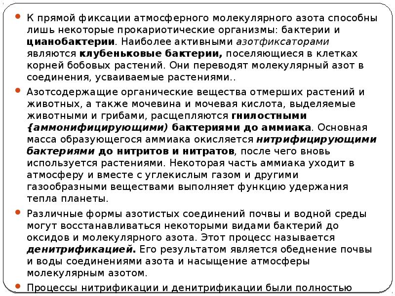 К прямой фиксации атмосферного молекулярного азота способны лишь некоторые прокариотические организмы: К прямой фиксации атмосферного молекулярного азота способны лишь некоторые прокариотические организмы: