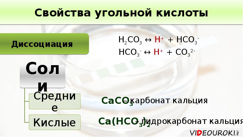 Действие кислоты на карбонат. Диссоциация карбоната кальция.
