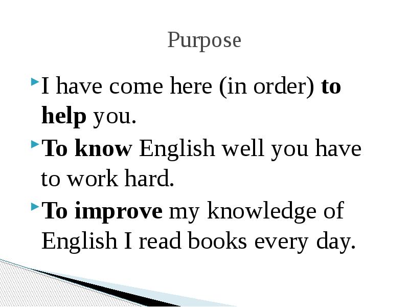 Purpose
I have come here (in order) to help you.
To know English well Purpose
I have come here (in order) to help you.
To know English well