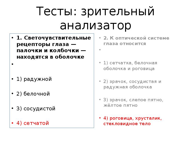 Тест зрительный анализатор 9 класс