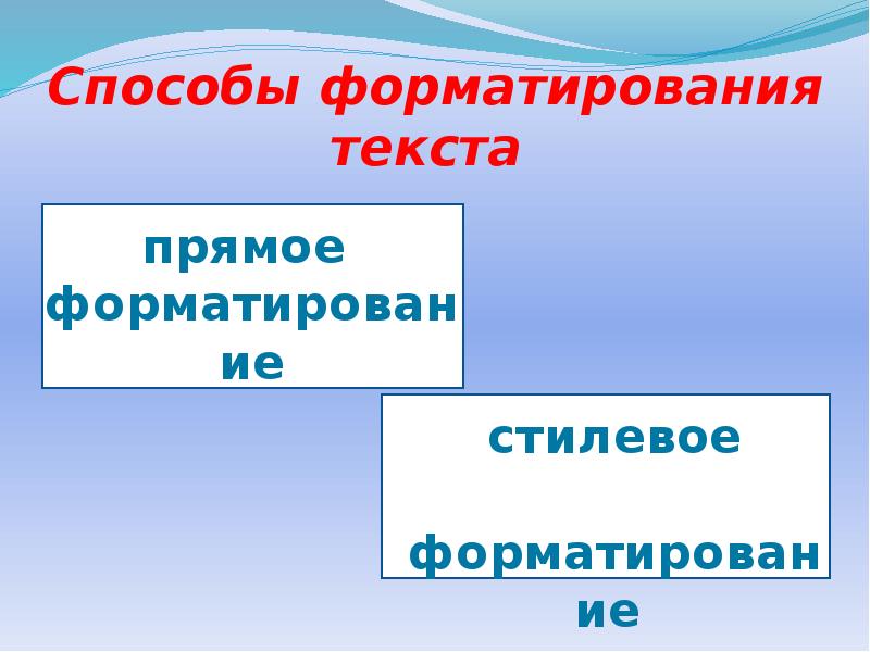 Прямое форматирование это. Способы форматирования текста. Спобомы форматирования текста. Прямое и стилевое форматирование. Форматирование текста презентация.