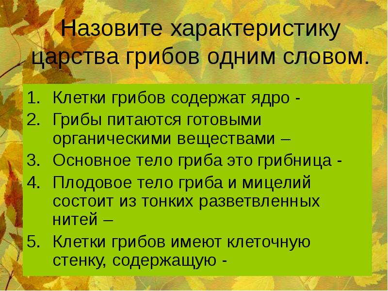 Грибы содержат. Грибы питаются готовыми органическими веществами. Назовите и охарактеризуйте. Грибы одним словом. Назовите характеристику.