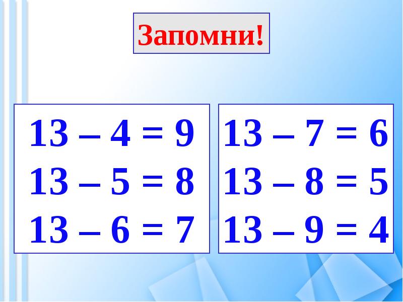 Урок вычитание. Вычитание вида 13-. Вычитание 13- 1 класс. Таблица вычитания 1 класс 13-. Карточка случаи вычитания 13-.