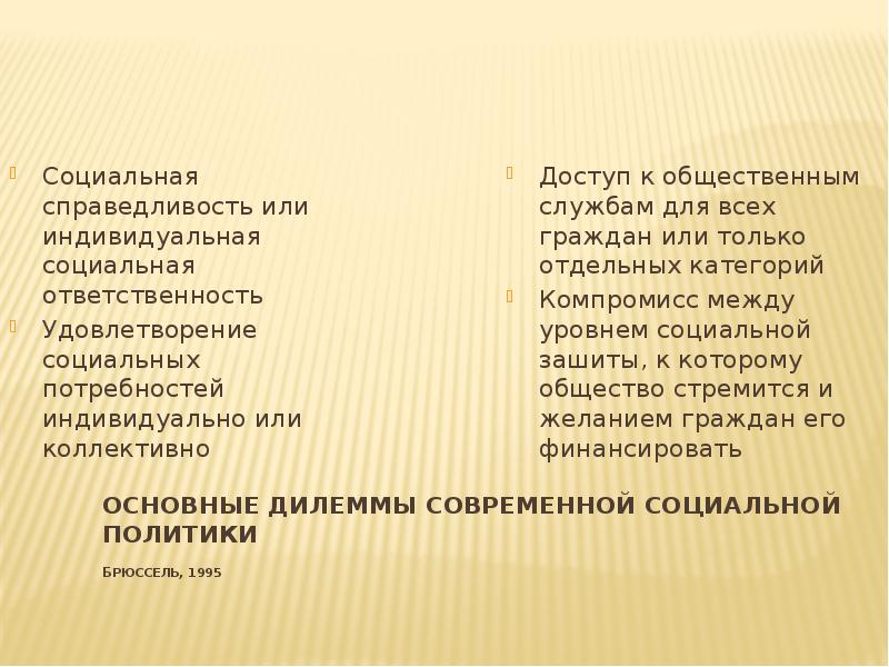 Основные дилеммы современной социальной политики Брюссель, 1995  Социальная справедливость или