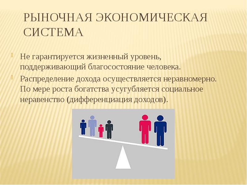 Рыночная экономическая система Не гарантируется жизненный уровень, поддерживающий благосостояние человека. Распределение