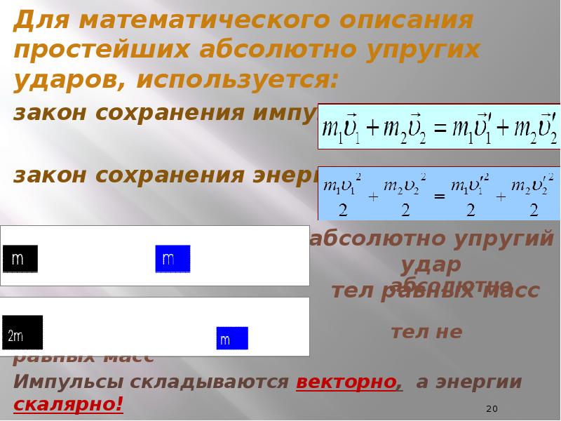 Импульс закон сохранения импульса для упругого. Закон сохранения импульса для упругого удара. Закон сохранения для упругого удара. Математическая запись закона сохранения импульса.