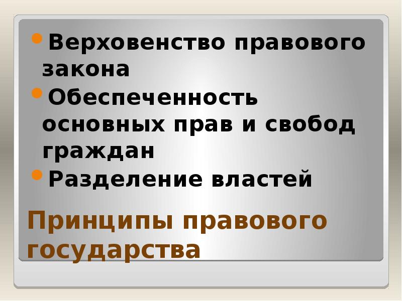 Принципы правового государства Верховенство правового закона Обеспеченность основных прав и свобод
