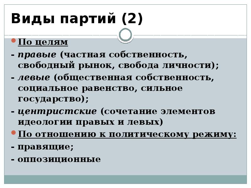 Виды партий (2) По целям - правые (частная собственность, свободный рынок,