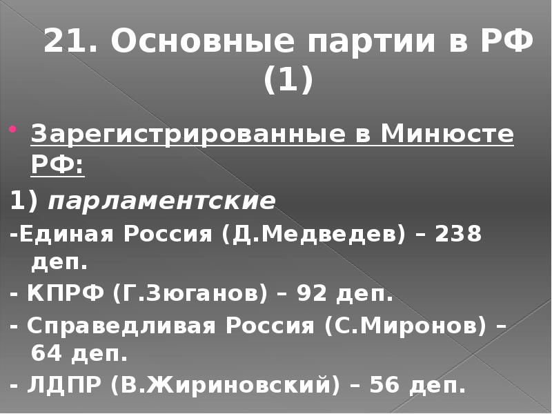 21. Основные партии в РФ (1) Зарегистрированные в Минюсте РФ: 1)
