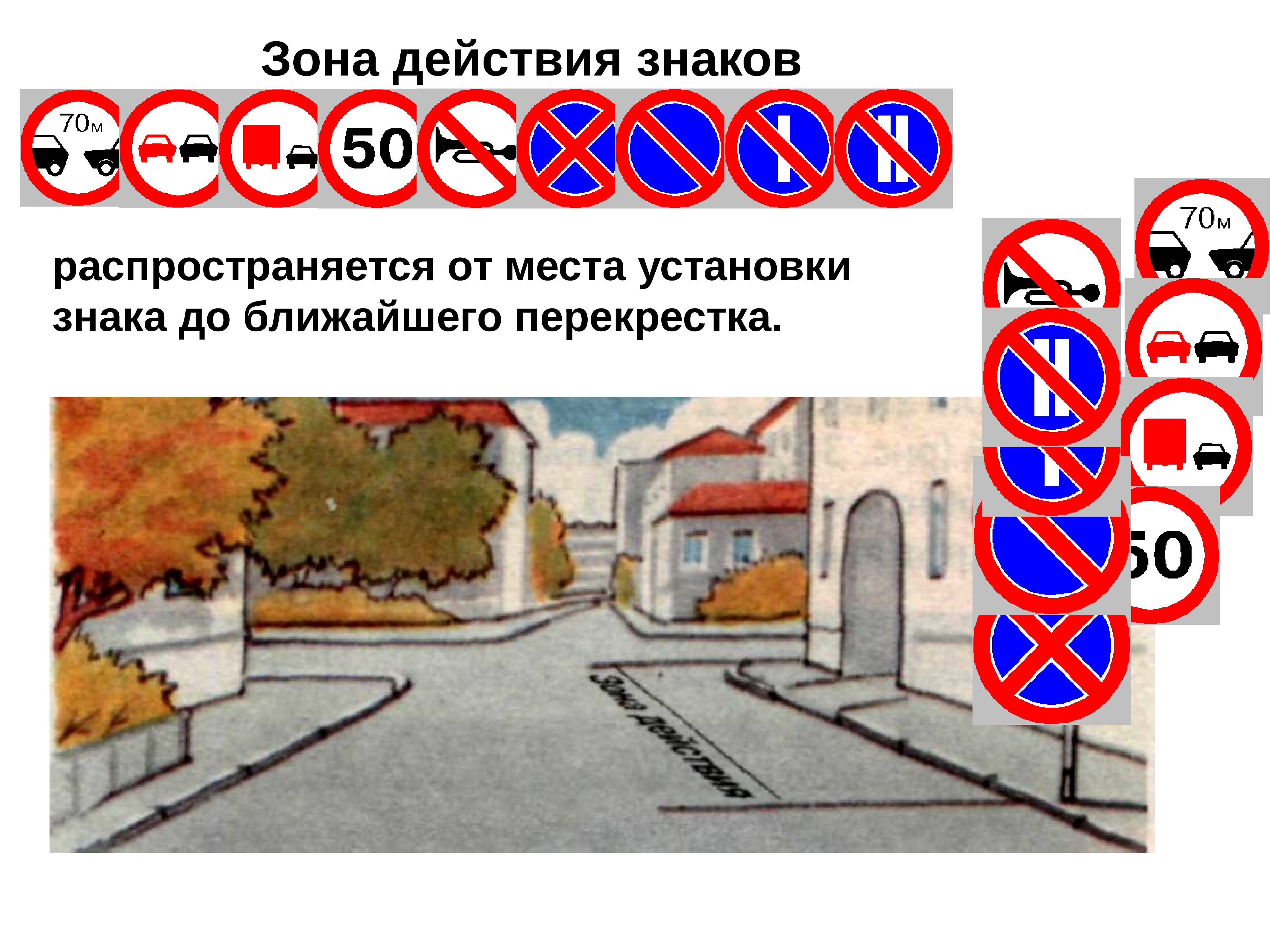 Пдд стоянка запрещена где. Зона действия запрещающих знаков. Знак остановка и стоянка запрещена. Запрещающие знаки действующие до перекрестка. Запрещающие знаки действуют до ближайшего перекрестка.