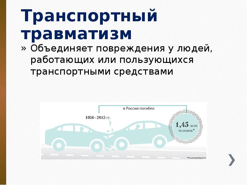 Транспортный травматизм
Объединяет повреждения у людей, работающих или пользующихся транспортными средствами Транспортный травматизм
Объединяет повреждения у людей, работающих или пользующихся транспортными средствами