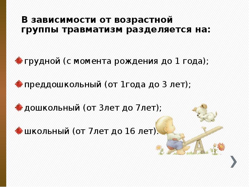 В зависимости от возрастной группы травматизм разделяется на:
грудной (с В зависимости от возрастной группы травматизм разделяется на:
грудной (с