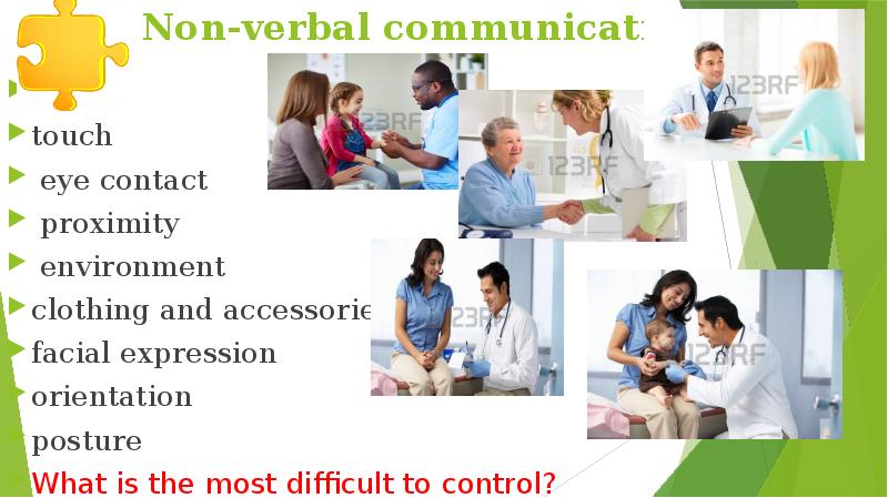 Non-verbal communication   touch  eye contact  proximity 