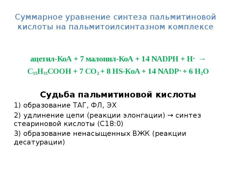 Суммарное уравнение. Суммарное уравнение биосинтеза пальмитиновой кислоты. Суммарное уравнение биосинтеза пальмитиновой кислоты из ацетил-КОА. Суммарное уравнение синтеза пальмитиновой кислоты. Суммарная реакция синтеза пальмитиновой кислоты.