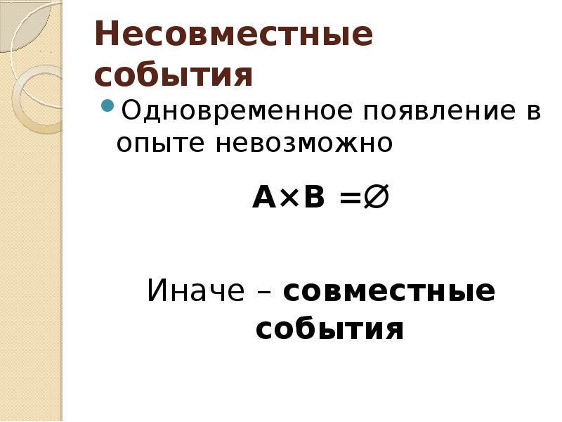 Совместные и несовместные. Произведение несовместных событий. События,одновременное появления. Одновременные события не одновременны. Несовместные блага.