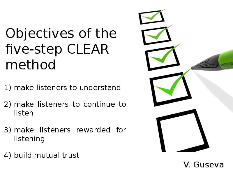 Objectives of the five-step CLEAR method
make listeners to understand
make Objectives of the five-step CLEAR method
make listeners to understand
make
