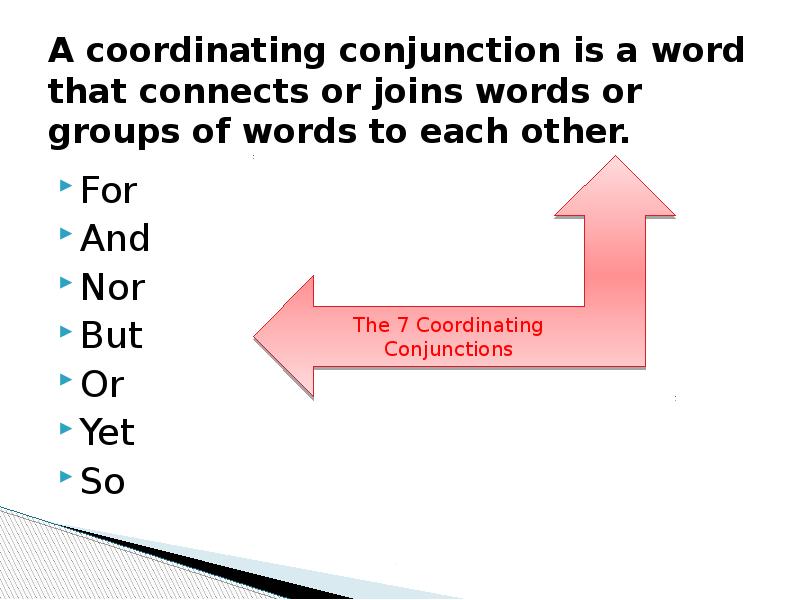 A coordinating conjunction is a word that connects or joins words A coordinating conjunction is a word that connects or joins words