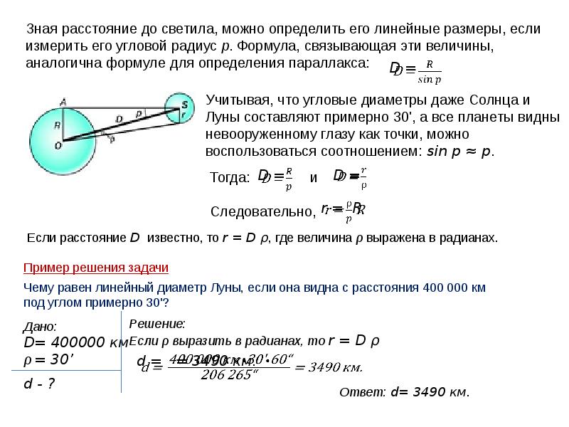 Какой наименьший радиус. Метод углового радиуса. Метод определения размеров углового радиуса. Как вычислить угловой диаметр. Линейный радиус формула.