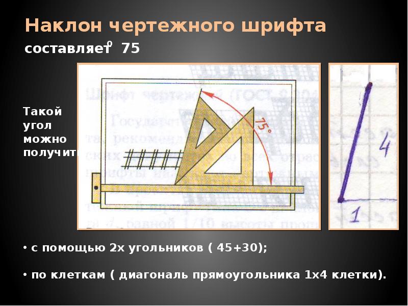 Угол наклона шрифта на чертежах составляет градусов