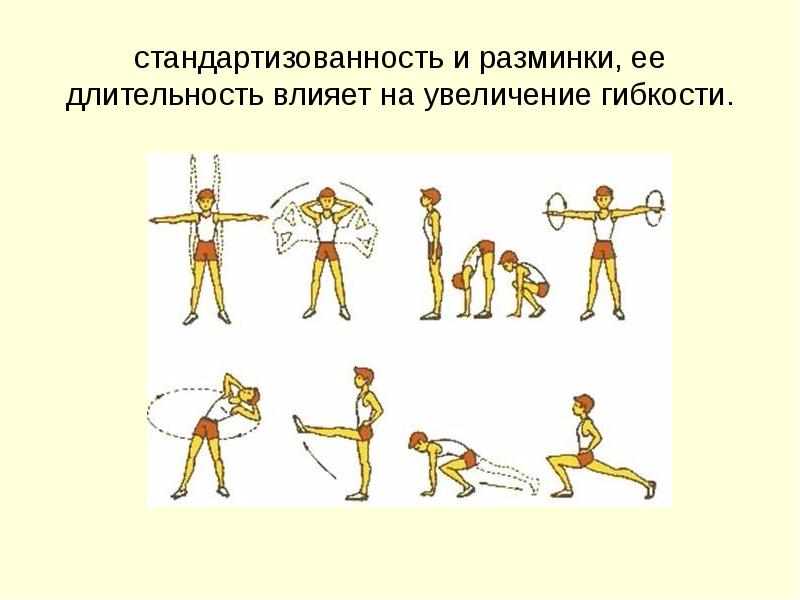 стандартизованность и разминки, ее длительность влияет на увеличение гибкости. стандартизованность и разминки, ее длительность влияет на увеличение гибкости.