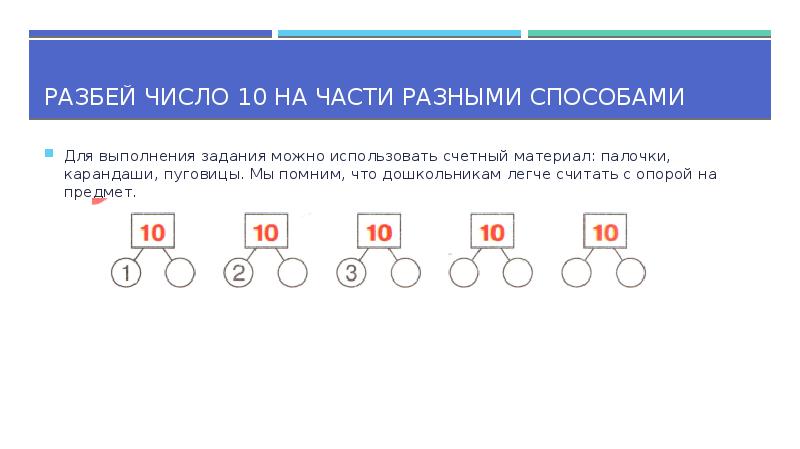 Разбей число 10 на части разными способами
Для выполнения задания можно Разбей число 10 на части разными способами
Для выполнения задания можно