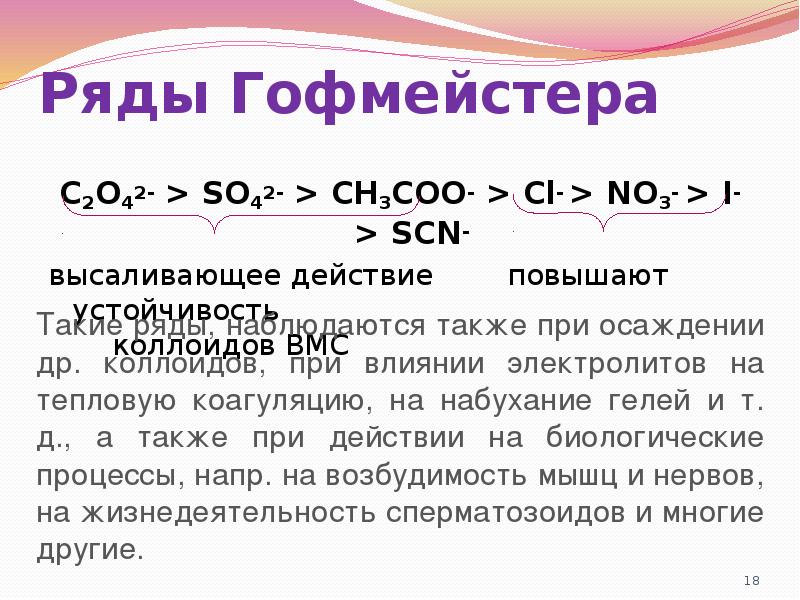 Ряды Гофмейстера
C2O42- > SO42- > CH3COO- > Cl- > NO3- Ряды Гофмейстера
C2O42- > SO42- > CH3COO- > Cl- > NO3-
