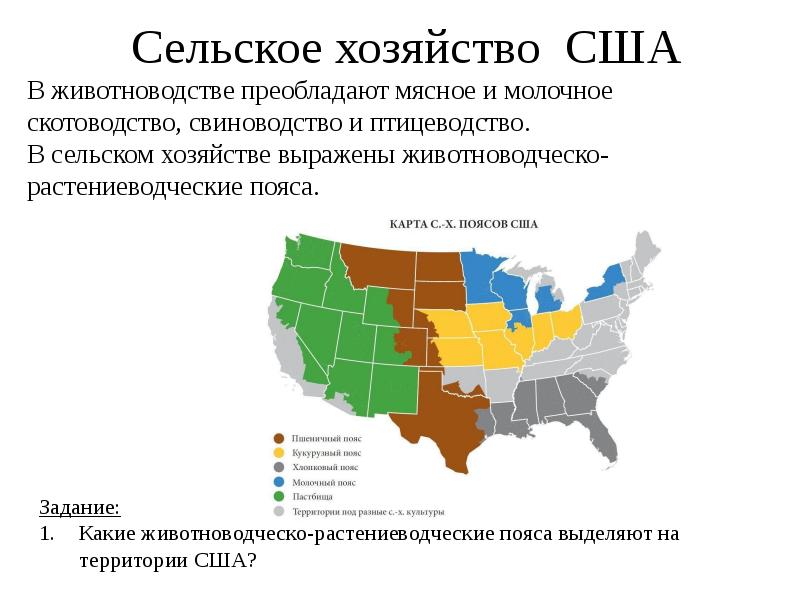 Главные сельскохозяйственные районы сша. Сельское хозяйство США карта. Сельскохозяйственные пояса США на карте. Пояса сельского хозяйства США. Специализация сельского хозяйства Запада США.